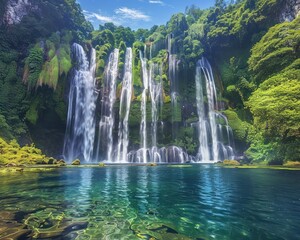 majestic waterfall cascading into clear pool surrounded by lush vegetation and pristine sky protected by the ozone layer The scene is testament to the purity of nature
