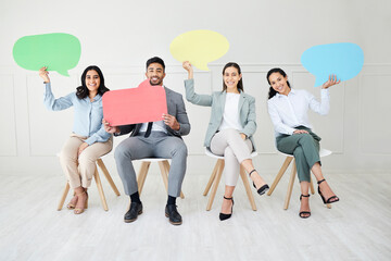 Group, recruitment and speech bubble in office for social media with onboarding announcement. Business people, employees or workplace with hiring notification for online network or community feedback