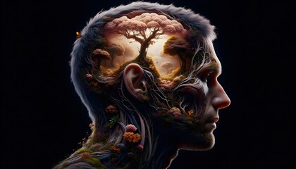El jardín dentro del cerebro humano, Fotografía Hiperrealista Ai, Ilustración 3D