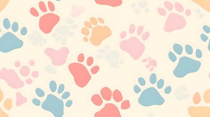Seamless pattern of pastel-colored paw prints on a cream background. Ideal for pet-related designs, children’s products, and cute home decor.