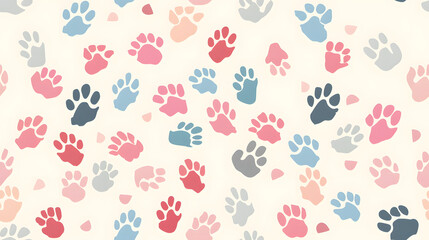 Seamless pattern featuring multicolored paw prints on a cream background. Perfect for pet-themed designs, children’s products, and playful home decor.