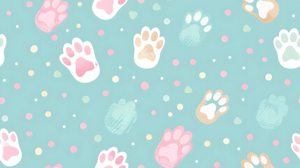 Seamless pattern featuring adorable pastel-colored paw prints on a blue background. Perfect for pet-themed products, children's designs, and playful decor.