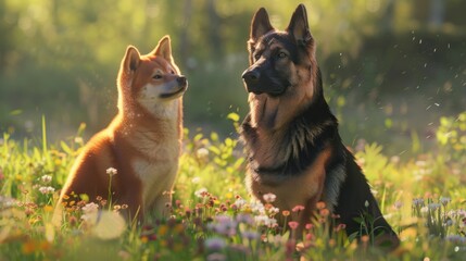 German shepherd and shiba inu in a meadow. A German Shepherd and a Shiba Inu sit side-by-side in a field of wildflowers, enjoying the warm sunshine.