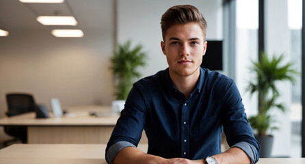Confident young businessman sitting at desk in modern office