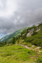 Fototapeta premium Misty Mountain Path: A Serene Hike Through the Alps (Zillertal, AT)
