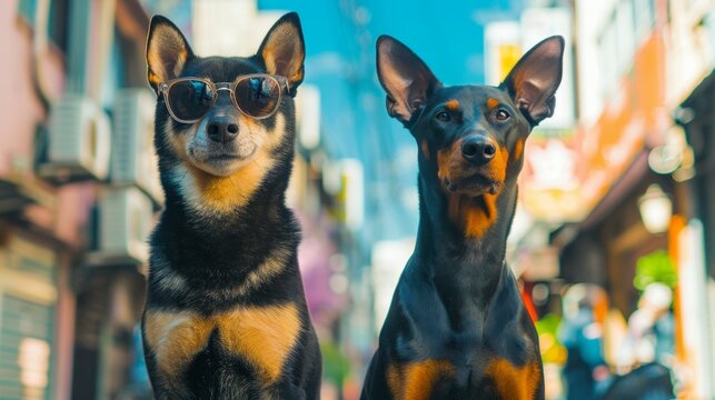 Cool dogs in city setting. Two fashionable dogs wearing sunglasses stand in an urban environment.