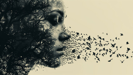 Flying birds form the image of a woman's head.  Thoughts, mental health, emotions or psychology concept.
