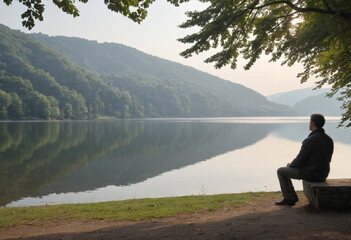 Fototapeta premium Contemplation: Lone figure by a lake, deeply immersed in thought. 