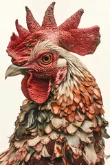 Close-up of a vibrant and detailed rooster, showcasing its colorful feathers and intricate texture against a light background.