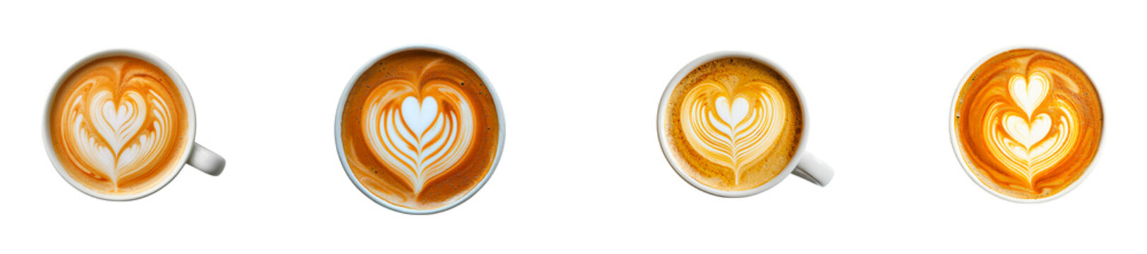 Collection of heart shaped latte art, top view,   isolated on transparent background