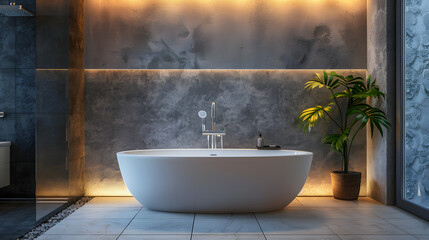 An elegant modern bathroom featuring a pristine white bathtub set against stylish dark textured walls with accent lighting. Ideal for highlighting contemporary bathroom designs, home decor