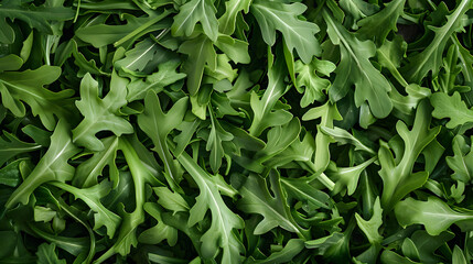 Fototapeta premium Close-up of fresh arugula leaves, showcasing their vibrant green color and distinct shape. Ideal for healthy eating, culinary, and natural food-themed designs.