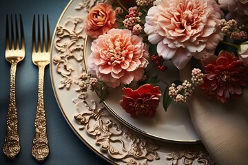 Elegant dining setting with ornate golden cutlery and floral arrangement on decorative plate.