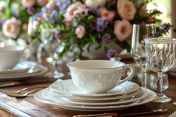 Fototapeta premium Elegant dining setting with floral china, silverware, crystal glassware, and a vibrant flower centerpiece.