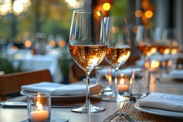 Elegant dining setup with wine glasses, lit candles, and napkins on tables in a restaurant.