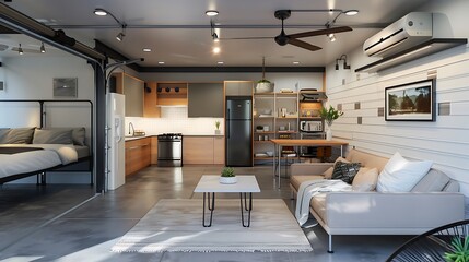 Studio apartment garage conversion with a compact living space and modern amenities