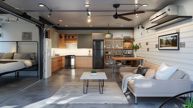 Studio apartment garage conversion with a compact living space and modern amenities