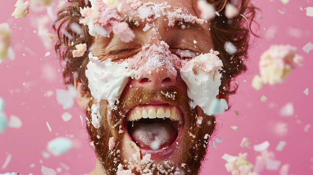 A man with a beard, his face covered in cake and frosting, laughs joyfully against a pink background. The playful and messy scene captures the fun and spontaneity of a celebratory moment.