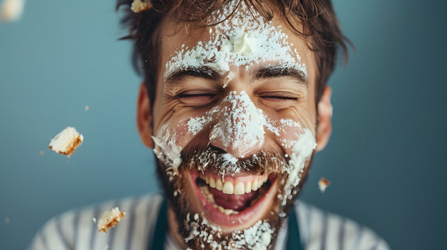 A man with a beard laughs joyfully, his face covered in cake and frosting. The vibrant and messy scene against a blue background captures the playful spirit of a celebration.