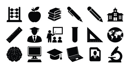 Education black white icon set various aspects, brain apple microscope ruler