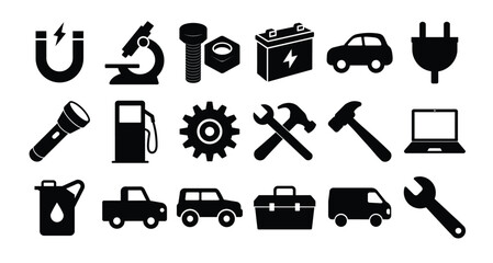 Car Black white icon set, helmet gear garage fuel