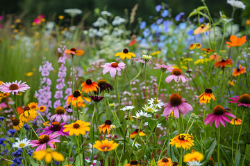 A field of wildflowers in full bloom, showcasing a variety of species