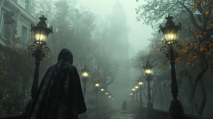 Fototapeta premium Cloaked figures in foggy street with vintage lanterns
