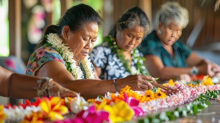 Women making flower leis
