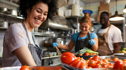 A group of smiling chefs preparing fresh vegetables in a commercial kitchen. The scene highlights the joy and collaboration involved in creating healthy meals.