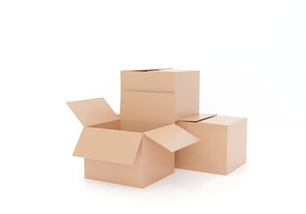 cardboard box, 3 Box. Cardboard Boxes Stack. Box Simple Open. 3D Rendering.