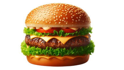 Closeup front view fresh tasty beef and cheese burger isolated on transparat background.png