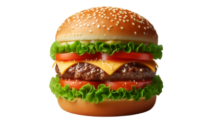 Closeup front view fresh tasty beef and cheese burger isolated on transparat background.png
