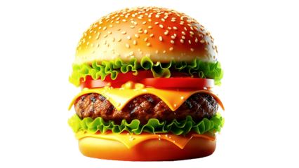 Closeup front view fresh tasty beef and cheese burger isolated on transparat background.png