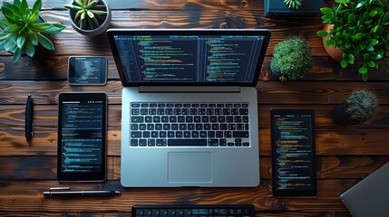 An overhead shot of a laptop, tablet, and smartphone all displaying different parts of a coding project, connected and synchronized.
