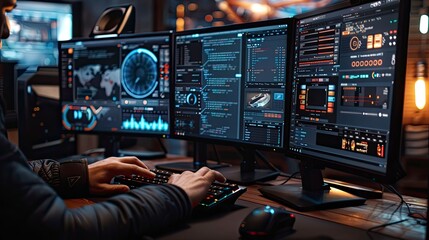 A close-up of a pair of hands coding on a desktop computer with dual monitors, one showing a code editor and the other displaying a running application.