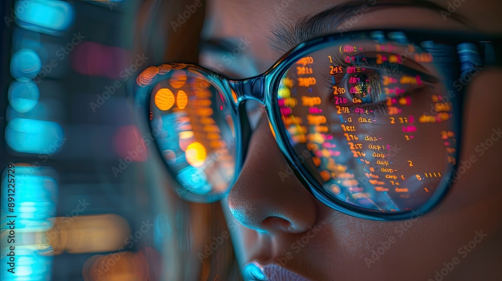 Wall mural a close-up of a developer's face with reflections of code visible in their glasses, highlighting int