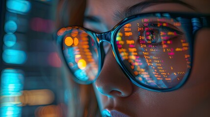 A close-up of a developer's face with reflections of code visible in their glasses, highlighting intense concentration.