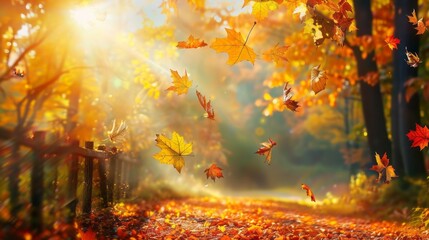 A beautiful autumn scene with leaves falling from the trees