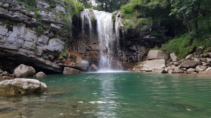 Waterfall cascading down a rocky cliff into a serene pool