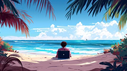 A picturesque scene of a coder working remotely from a beach, with a laptop on their lap and the ocean in the background.