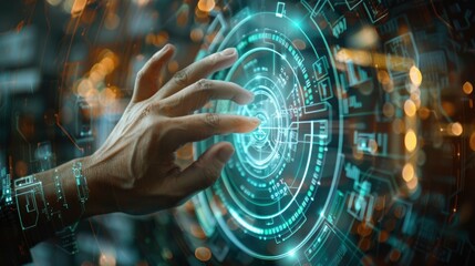 A futuristic concept art of a holographic interface displaying code, with a coder interacting through gestures.