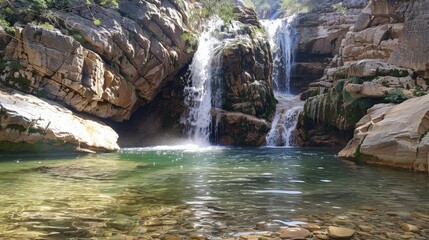 Waterfall cascading down a rocky cliff into a serene pool