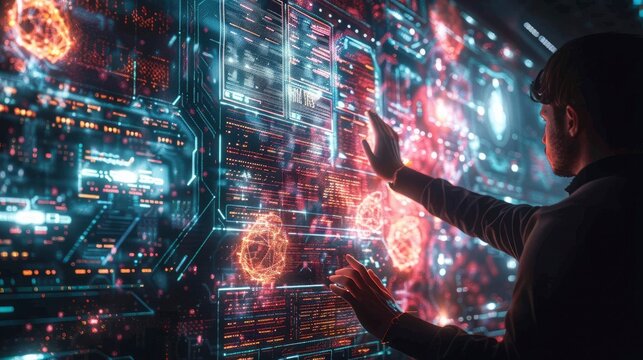 A futuristic concept art of a holographic interface displaying code, with a coder interacting through gestures.