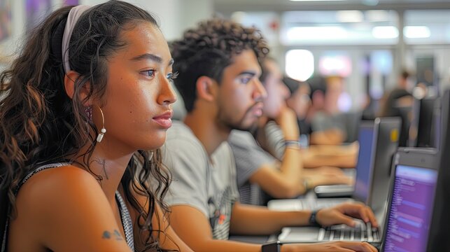A coding bootcamp classroom with students attentively following along with the instructor, coding on their laptops.