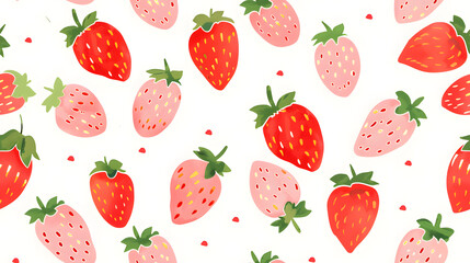 Vibrant seamless pattern featuring red and pink strawberries with green leaves on a white background. Ideal for summer-themed designs, textiles, and playful decor.
