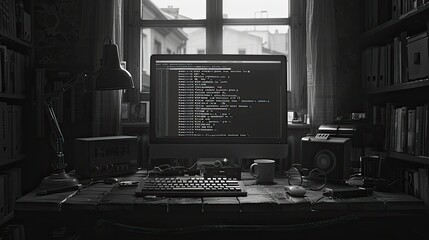 A monochromatic image of a coder's workspace with a focus on the keyboard and screen, emphasizing the simplicity and dedication of coding.