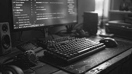 A monochromatic image of a coder's workspace with a focus on the keyboard and screen, emphasizing the simplicity and dedication of coding.