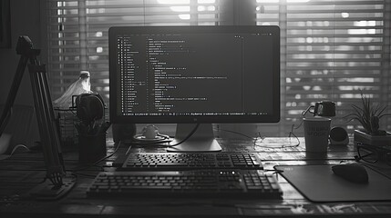 A monochromatic image of a coder's workspace with a focus on the keyboard and screen, emphasizing the simplicity and dedication of coding.