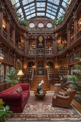 Obraz premium A grand library with stained glass skylight and ornate staircase