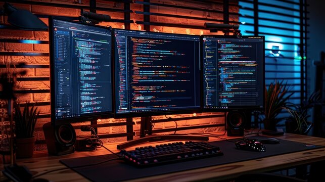 A dual-screen setup with one monitor showing a code editor and the other displaying real-time data or analytics.